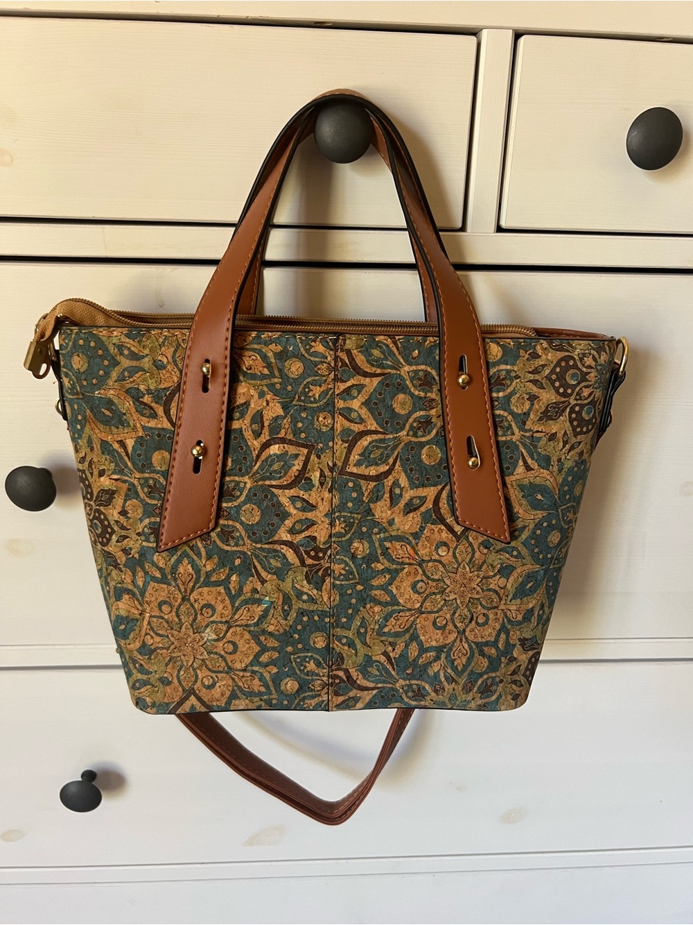 Hand Crafted Green and Brown Floral cork tote shoulder bag